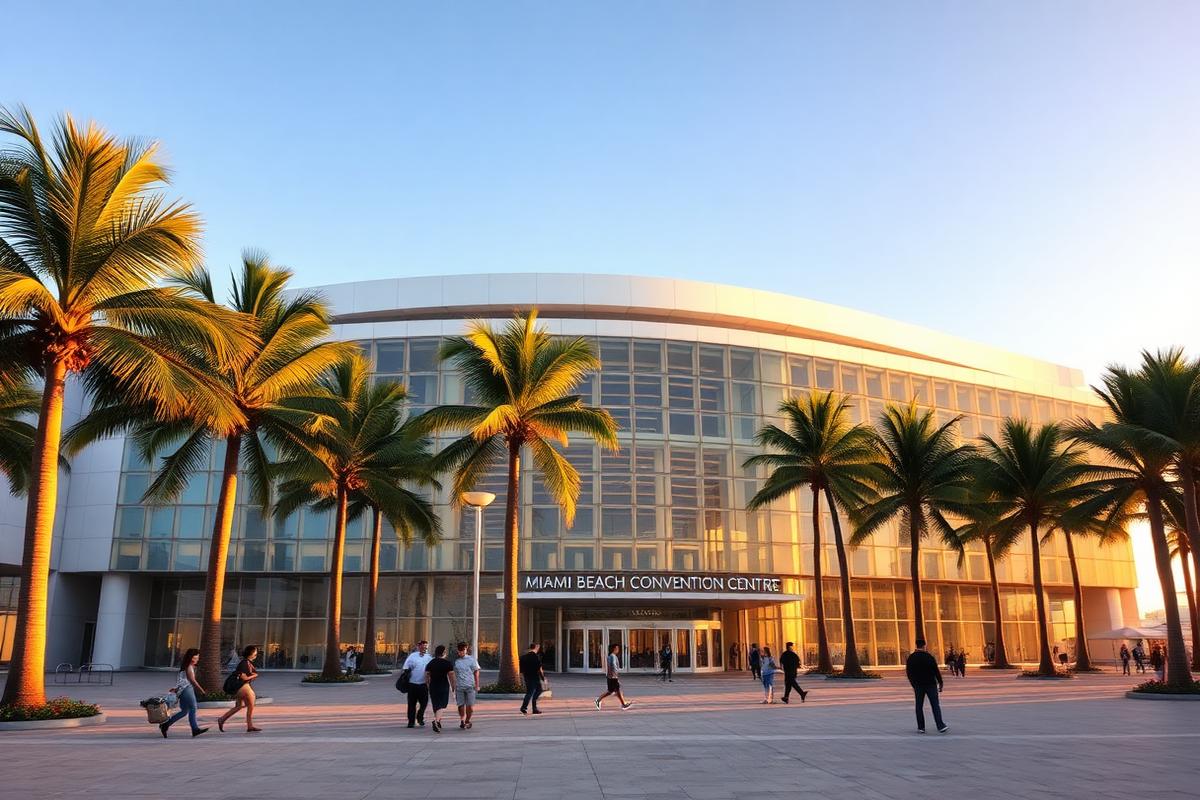 Miami Beach Convention Center main entrance, framed by palm trees